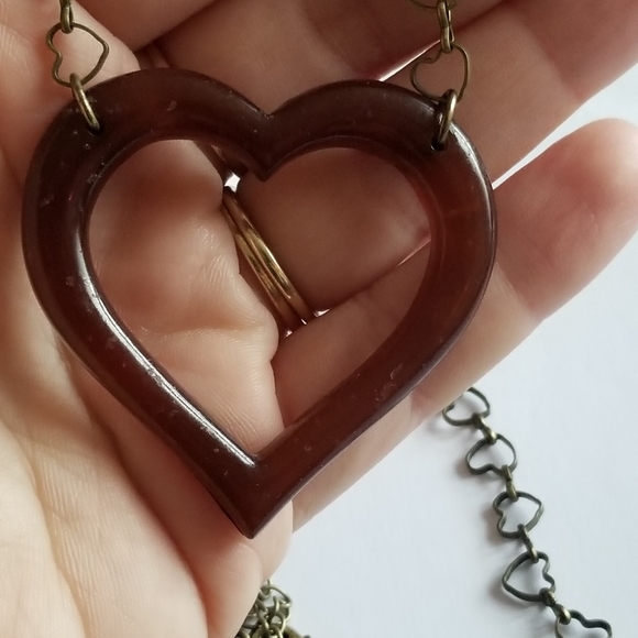 Relisted -Open heart necklace brown bronze tone heart links chain long - Picture 5 of 15